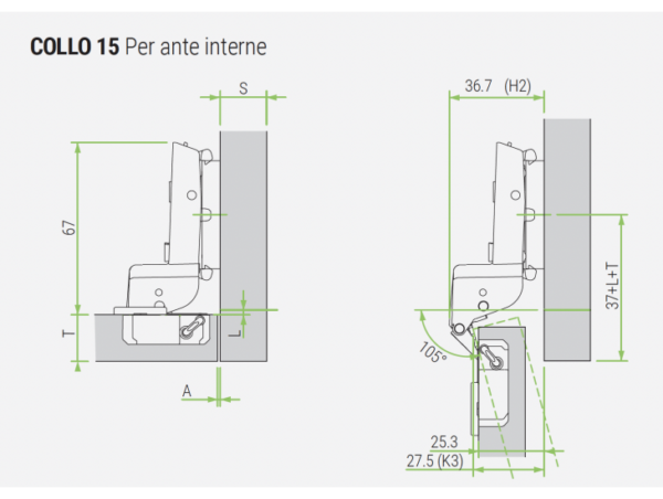 FGV 110' Omnia L Soft-close Inset Hinge, Crank 15, Self-Tap - Image 2
